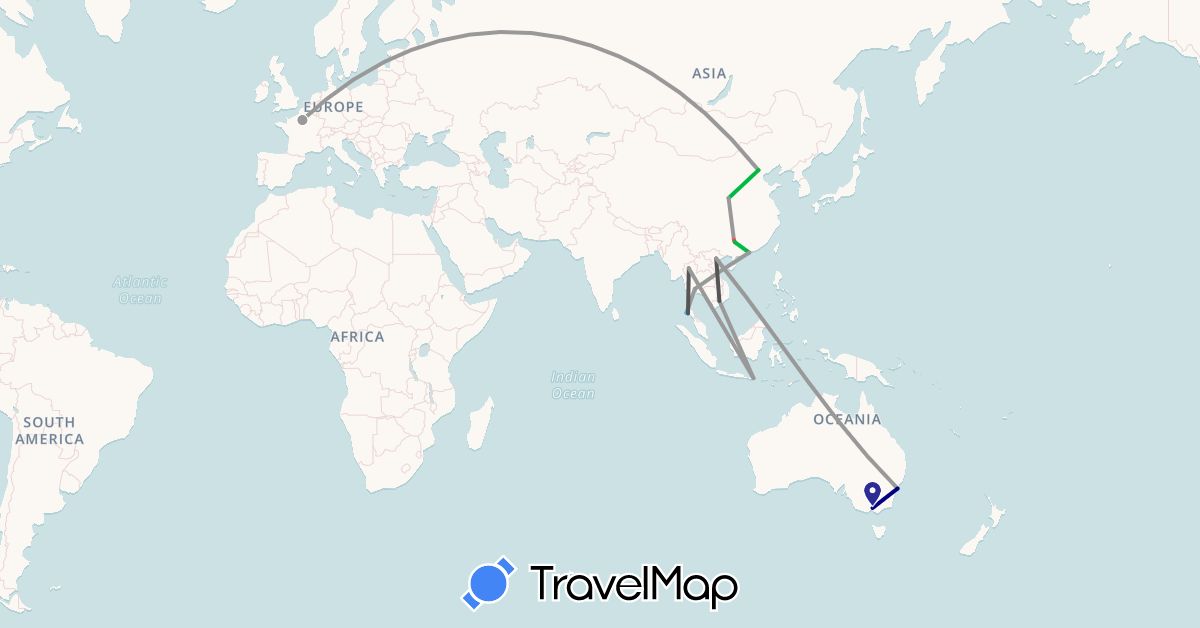 TravelMap itinerary: driving, bus, plane, hiking, boat, motorbike in Australia, China, France, Hong Kong, Indonesia, Thailand, Vietnam (Asia, Europe, Oceania)